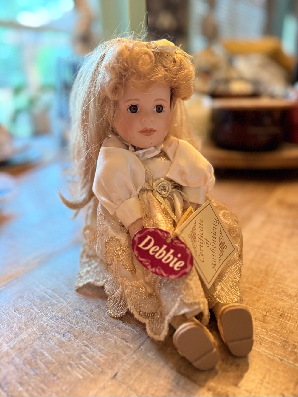 Porcelain Music Box Doll in Cream Lace Dress - Name Debbie (collectible)